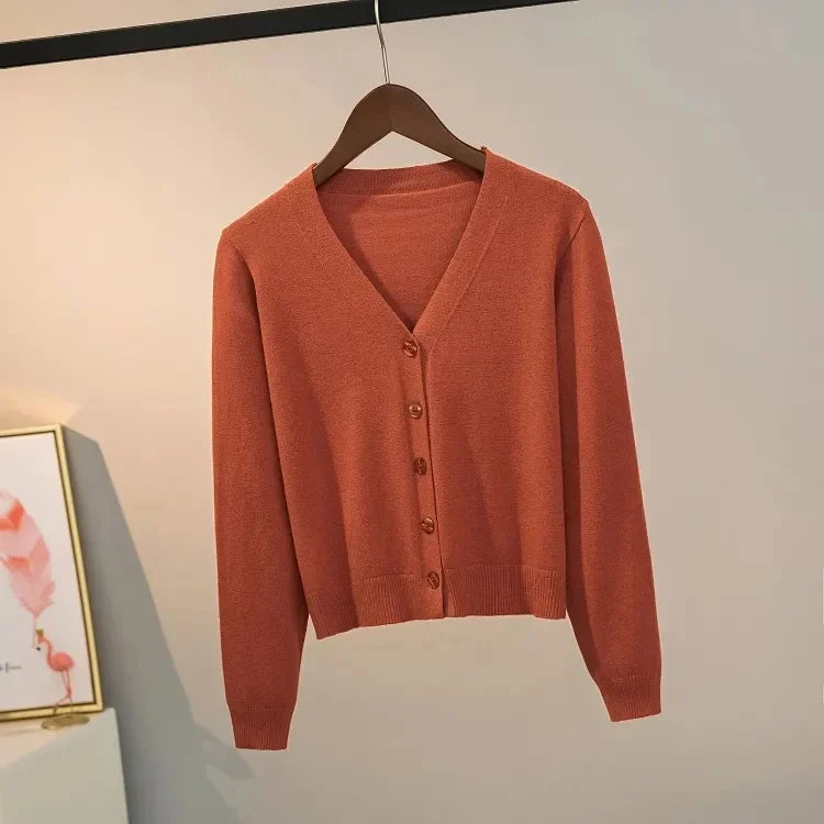 Sweater knitted cardigan button jacket 2024 autumn winter V-neck long sleeve casual short tops for women sweater Grey White
