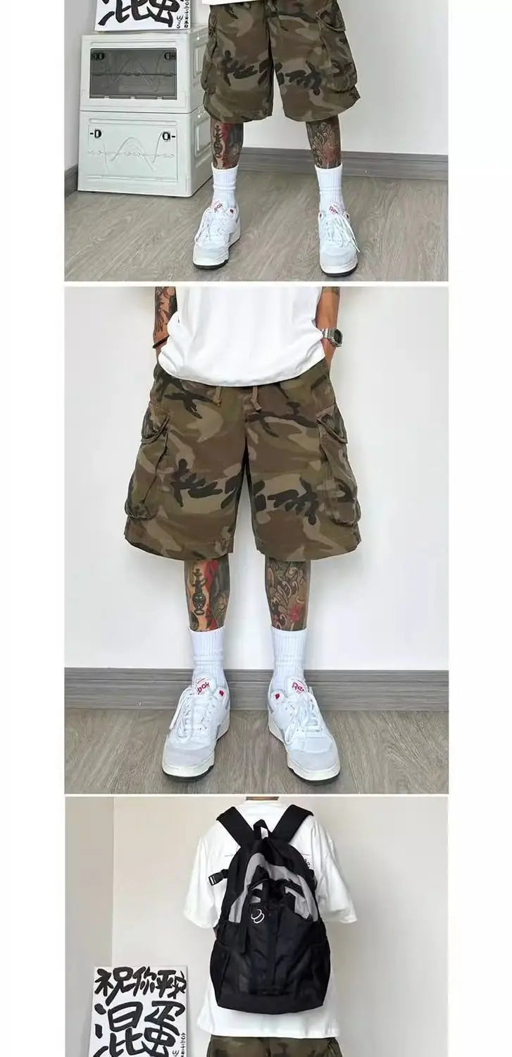 New summer men's shorts retro loose large pockets camouflage work shorts Bermuda hip-hop street casual shorts Men's clothing