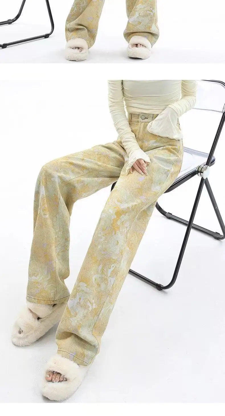 New High Waist 2025 American Retro Plant Flower Print Ladies Commuter Wide-leg Jeans Youthful and Beautiful Out of The Street