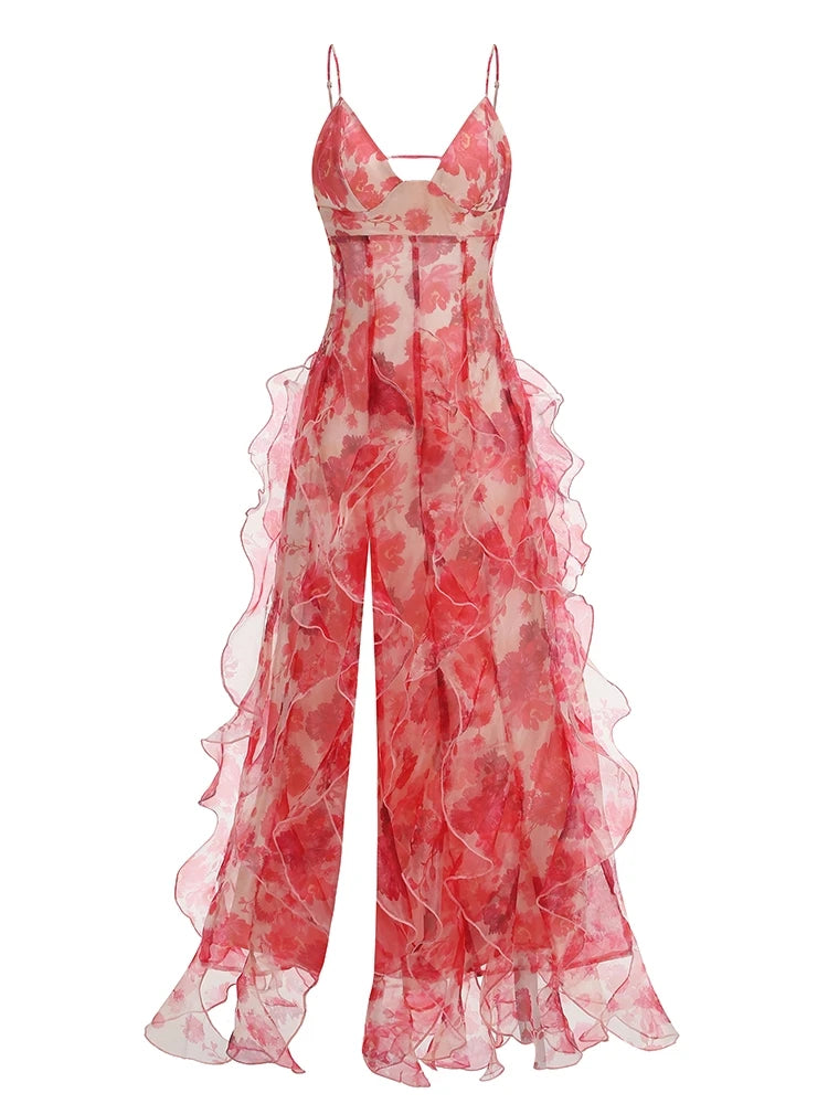 New Sexy Sleeveless V Neck Printed Ruffles Long Dress Women Spaghetti Strap Floral Printing Split Dress Holiday Party Sundress