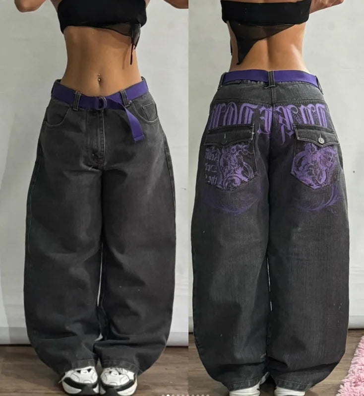 New High Waist 2025 American Retro Plant Flower Print Ladies Commuter Wide-leg Jeans Youthful and Beautiful Out of The Street