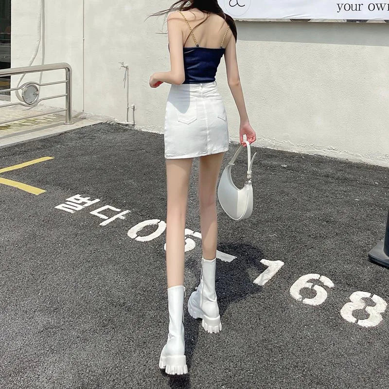 Xpqbb White Denim Skirts Women Spring Summer Korean High Waist Package Hip Skirt Woman Casual Simple Wild Jean Mini Skirts