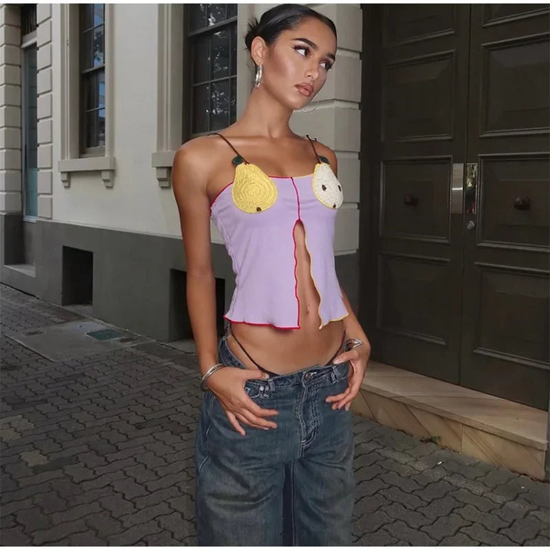 Rib Embroidery Split Tank Top Women Sleeveless Backless Slim Contrast Color Strap Party Vest Summer 2025 Fashion Lady Tops