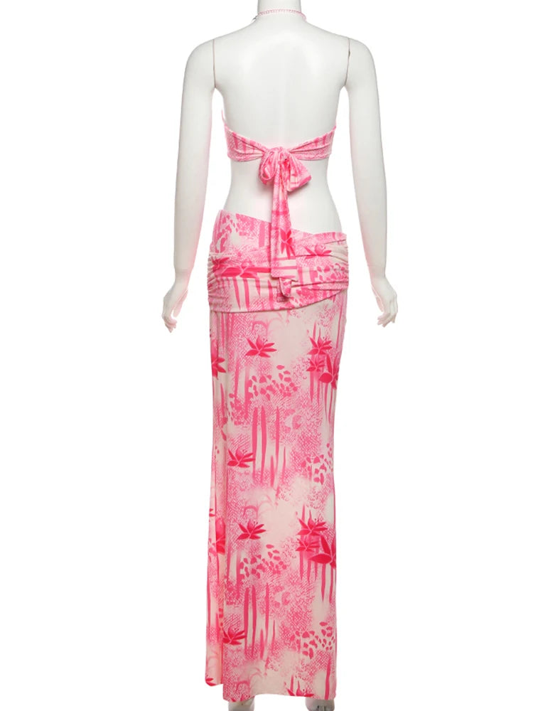 Sisterlinda Tie Dye Stunning 2 Piece Set Hipster Halter Low Neck Bandage Mini Tanks+Matching Maxi Skirts Female Holiday Outfits