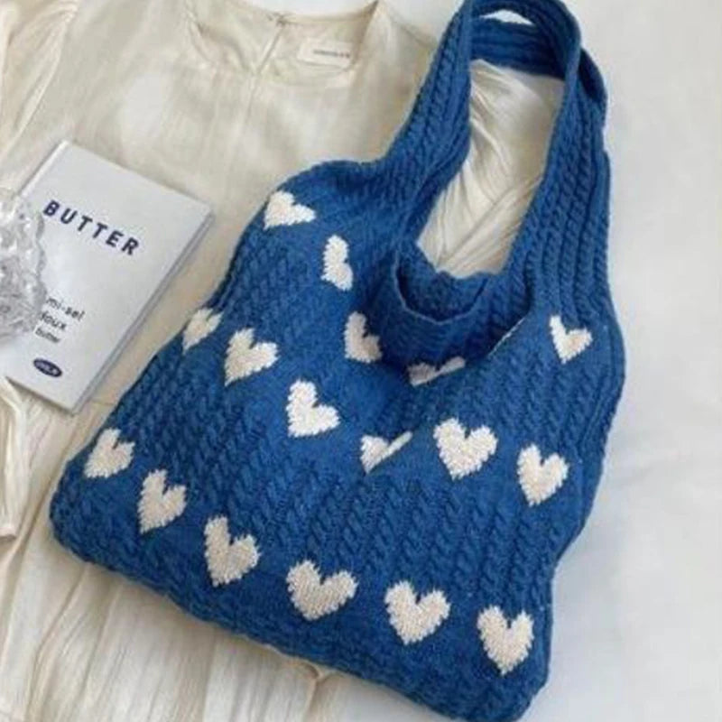Women Knitted Bag Woven Love Heart Pattern Wool Portable Shoulder Bag Shopping Bags Workers Students Daily Commuter Bags