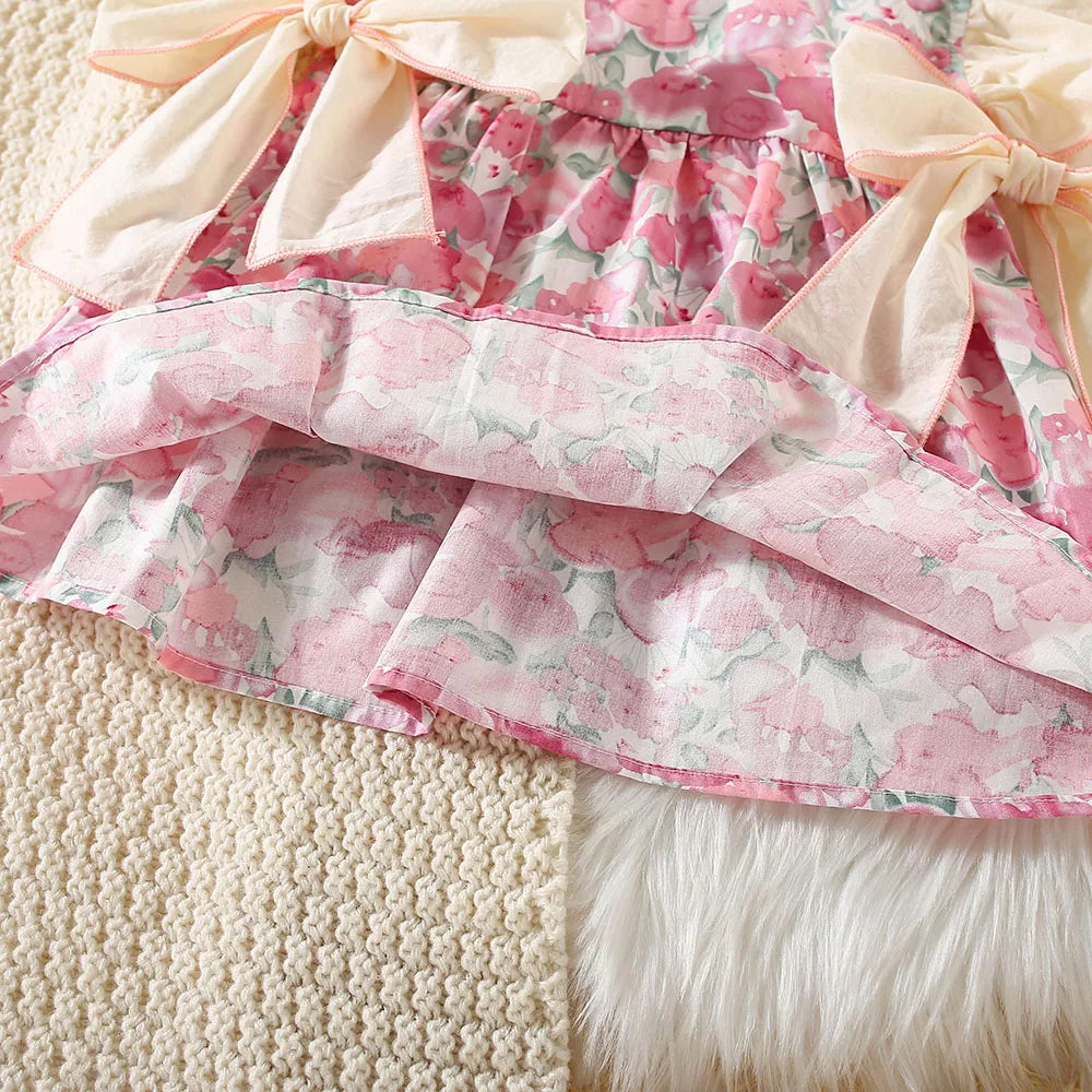 Children's clothing, baby girl dress summer girl full body print two large bows and flying sleeve princess dress