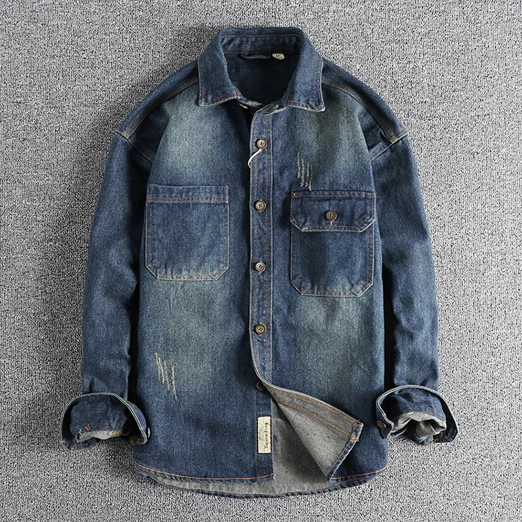 Sping New Japanese Retro High Quality Denim Cargo Shirt Men's Fashion 100% Cotton Washed Old Thick Double Pocket Casual Jacket