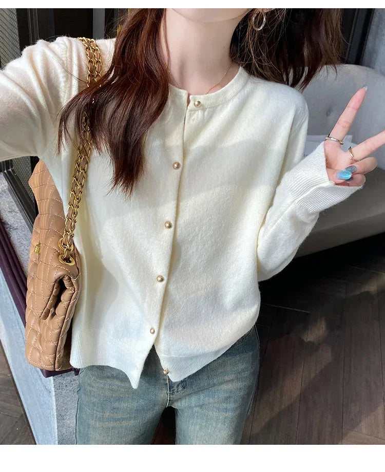 Solid Color Knitted for Women Cardigan Korean Single Breasted Long Sleeve Jumper Woman Round Neck All Match Cardigans Outwear