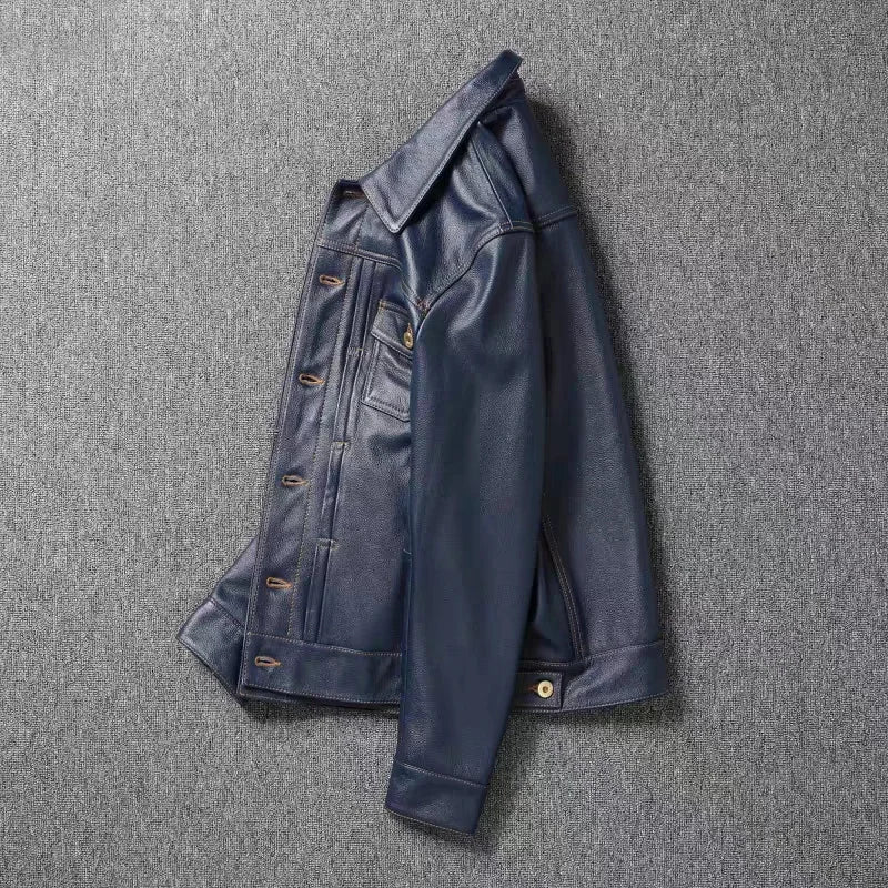New Navy Blue Top Layer Cowhide Genuine Leather Jacket Men's Short Slim Fit Retro Motorcycle Lapel Casual Jacket Trendy