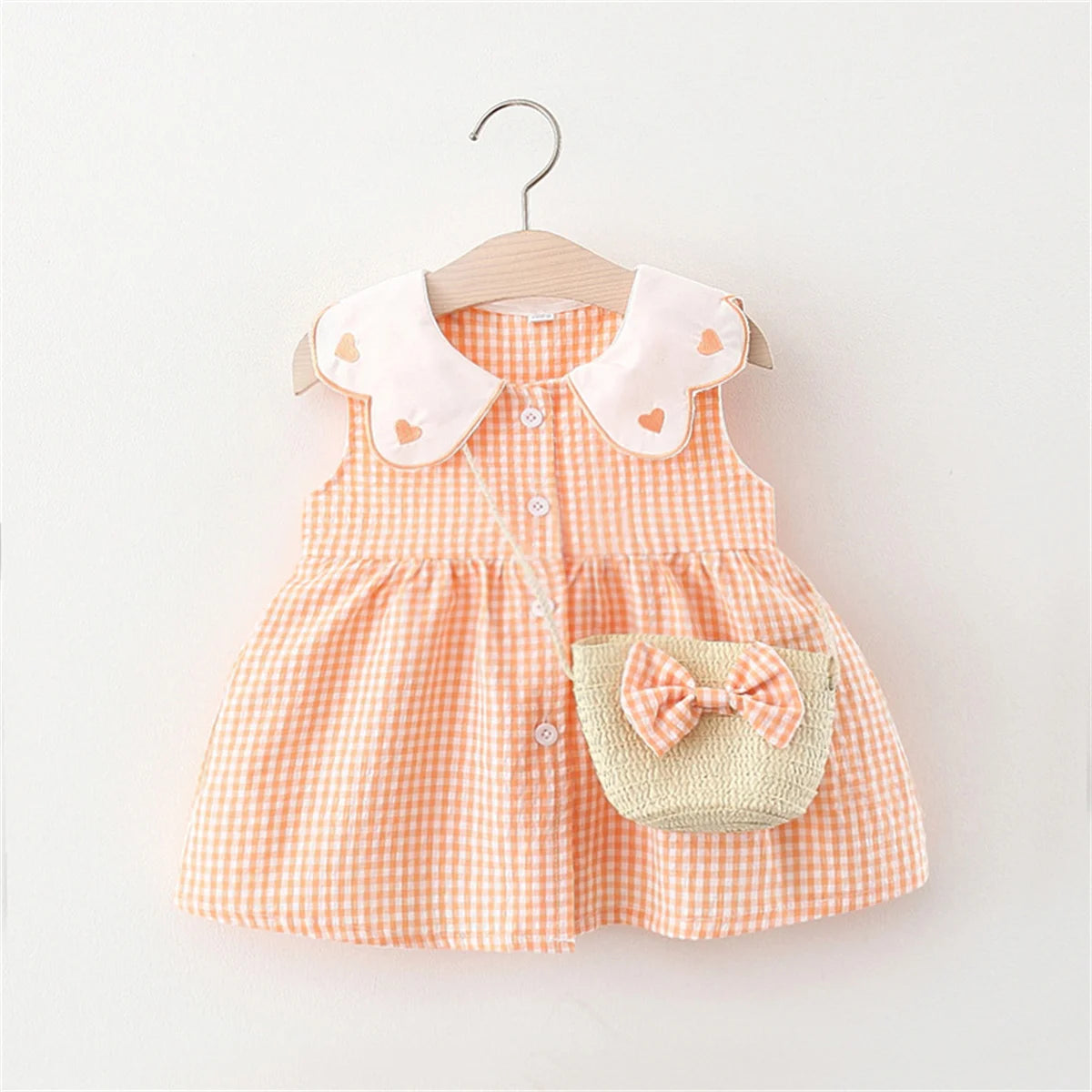 Summer Newborn 2-Piece Girl Infant Cotton Dress And Backpack Baby Embroidered Flip Collar Checkered Sleeveless Beach Dress