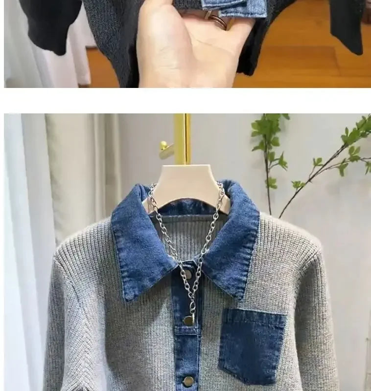 Women's Trendy Vintage Denim Patchwork Single Breasted Knitted Cardigan Autumn Casual Long Sleeve Loose Chic Pocket Sweater Coat