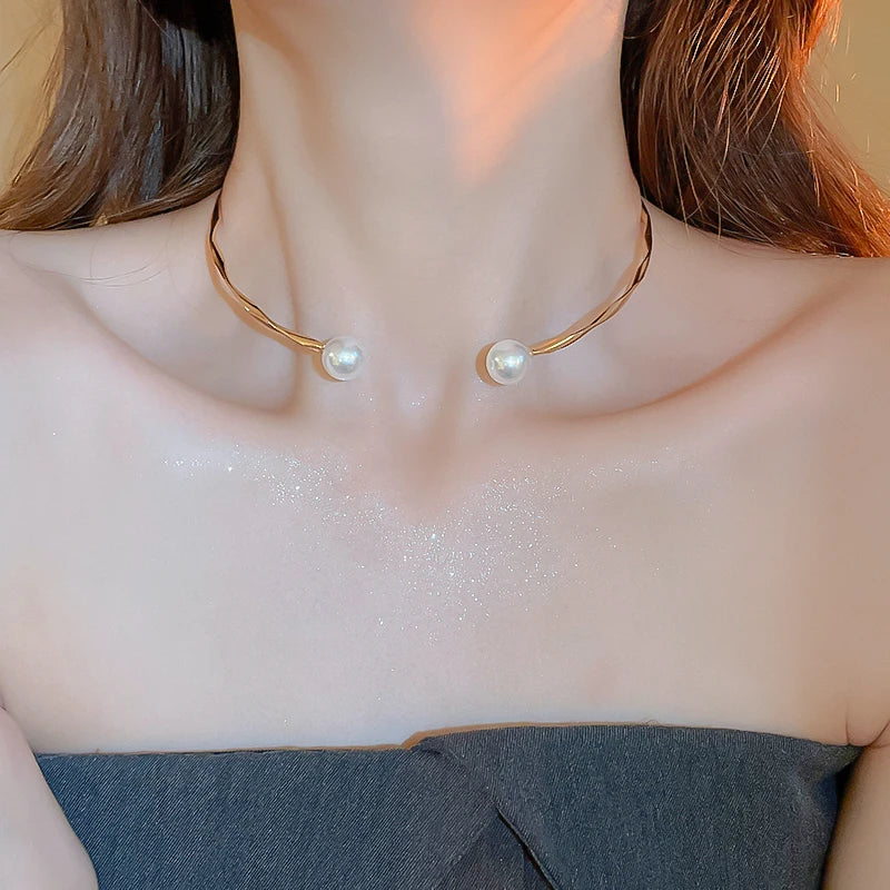 Zircon Double Layered Water Drop Heart Silver Scrap Imitation Pearl Cross Wave Open Collarbone Fine Pendant Necklaces for Women