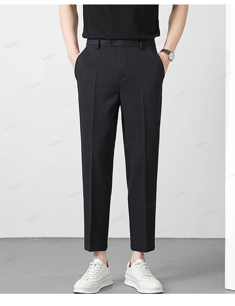 Spring Summer Suit Pants Men Business Smooth Slim Business Office Social Elastic Waist Ankle Length Formal Korean Trousers Male