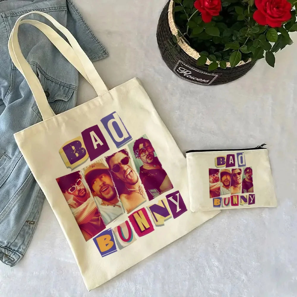 Un Verano Sin Ti Gift Bag Set, Bad Bunny Print Tote Bag, Casual Canvas Shoulder Bag with Mini Storage Bag