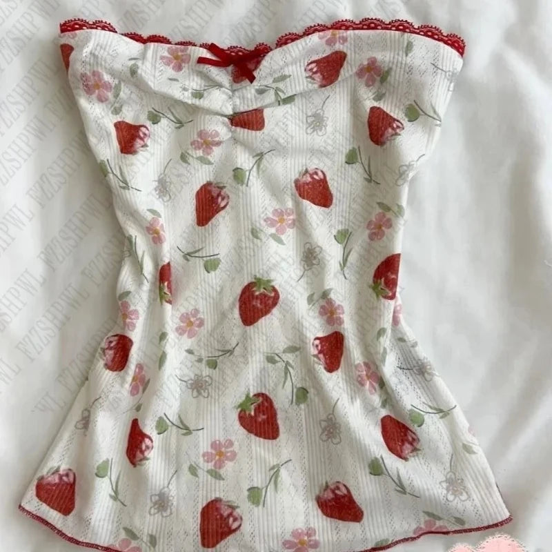 Summer New Sexy Spice French Elegant Ladies Top Lace Patchwork Halter Vest Floral Skirt Design Hollowed-Out Strapless Tops