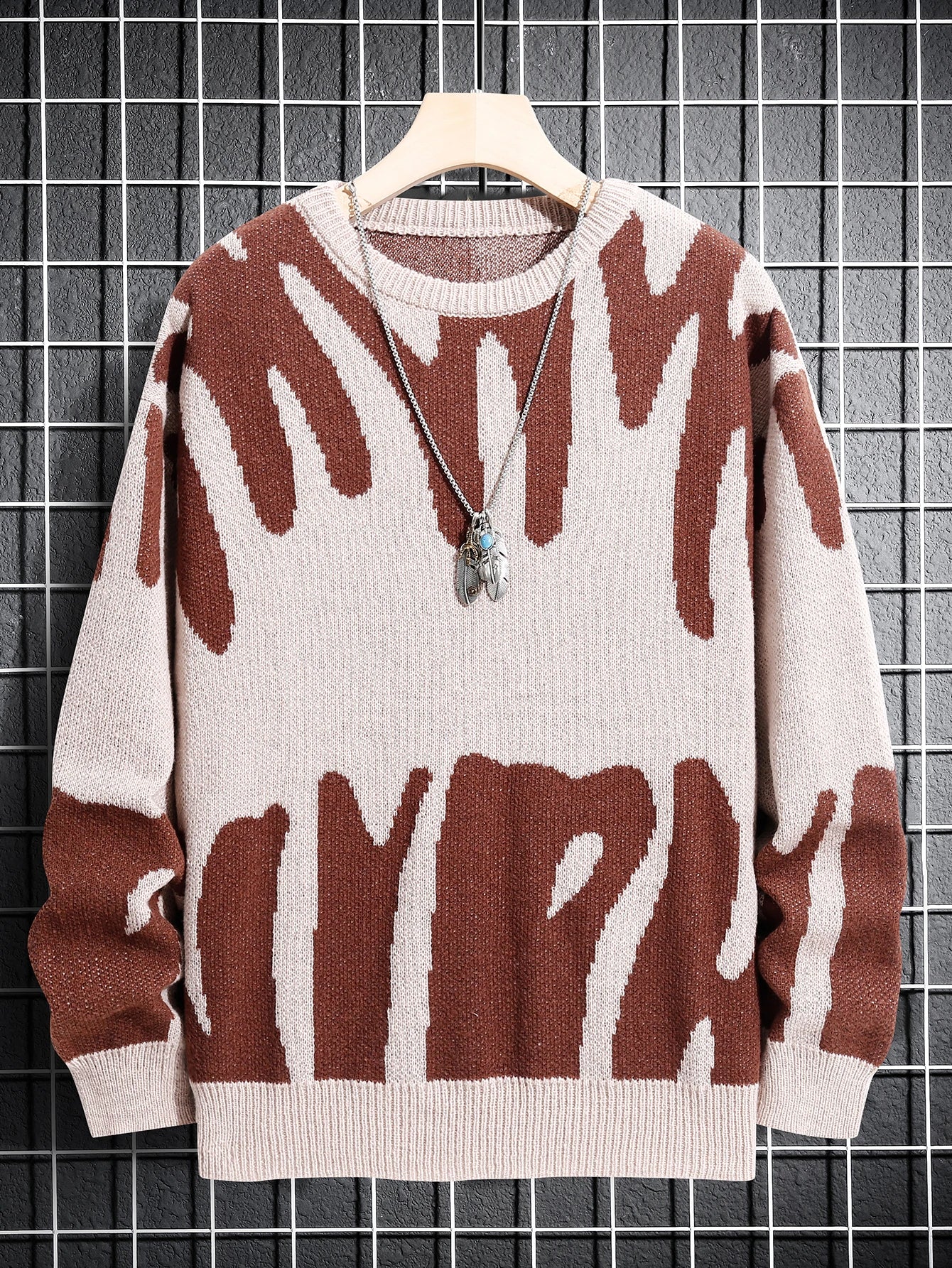 New Popular Spring & Fall Astronaut Star-Picking Jacquard Pattern Pullover Sweater Casual Round Neck Contrast Color Knitted Men'