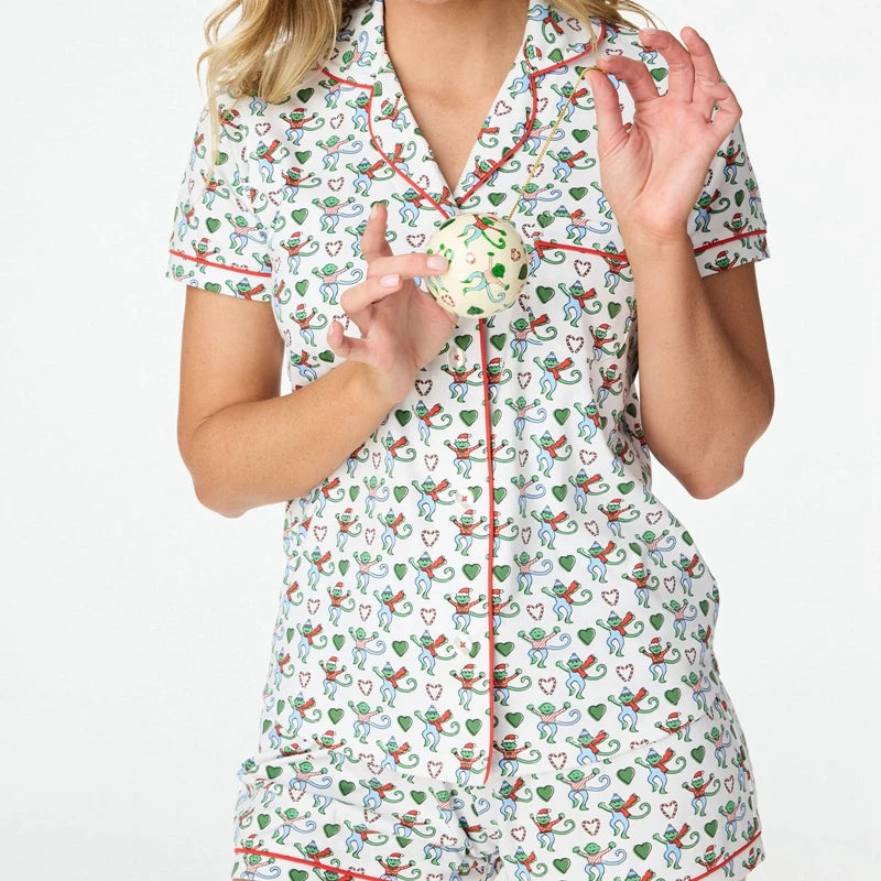 Kawaii Cartoon Print Lounge Pajama Sleepwear Women Short Sleeve Blouse Shirt Top + Shorts Y2K Vintage Comfy 2 Piece Set Outfits