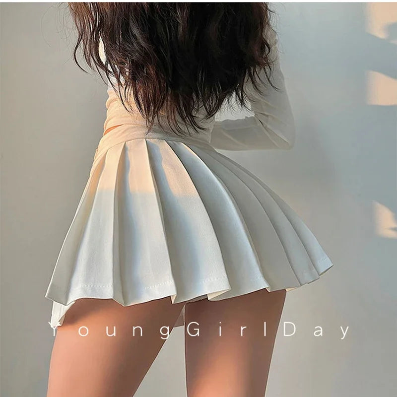 Y2K Irregular Pleated Skirts Women Streetwear Sexy Mini Skirt with Shorts Korean White Black Gyaru Tennis Extreme Skirt