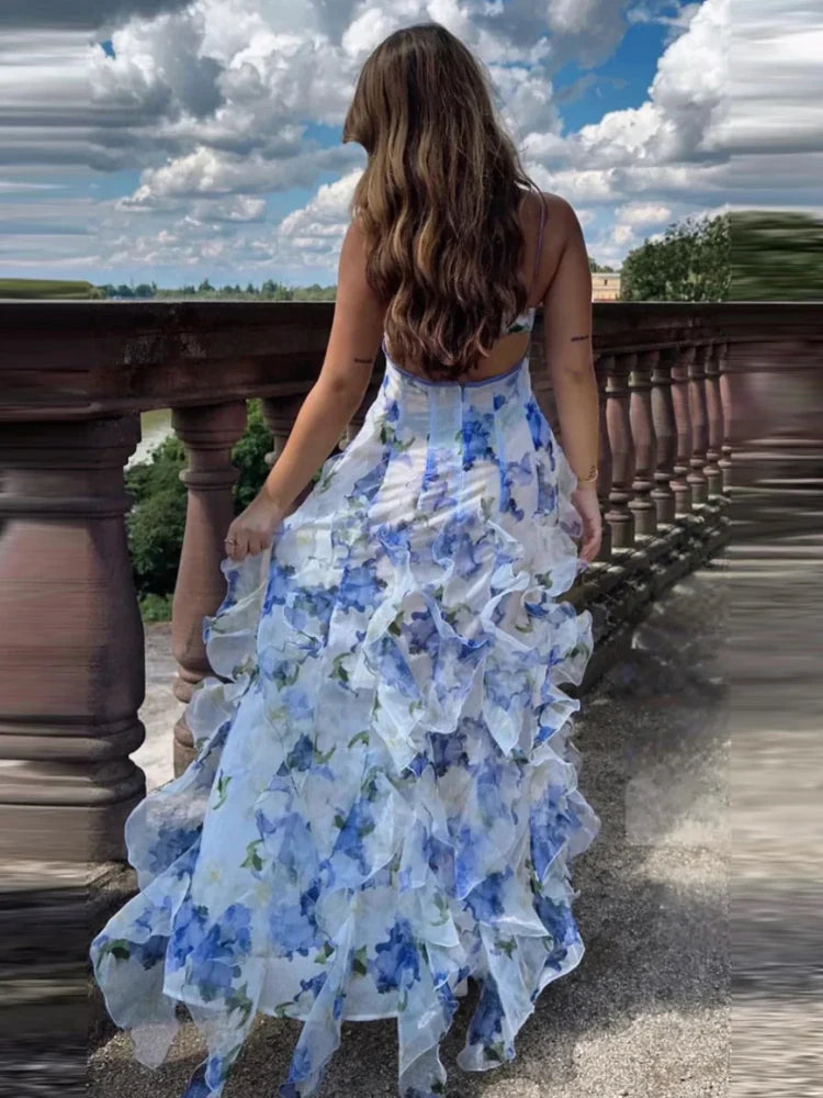 New Sexy Sleeveless V Neck Printed Ruffles Long Dress Women Spaghetti Strap Floral Printing Split Dress Holiday Party Sundress