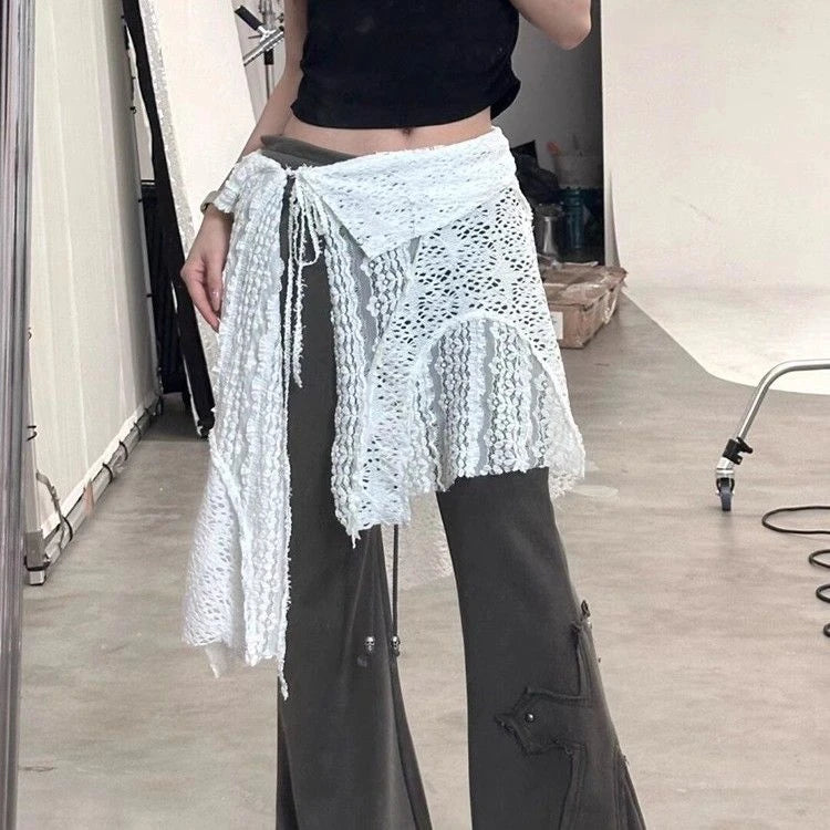 Summer Hollow Out Sweet Fairy Glitter Women's Skirts Harajuku Lace Split Bandage Skirt Vintage Y2k Aesthetic Casual Mujer Falda