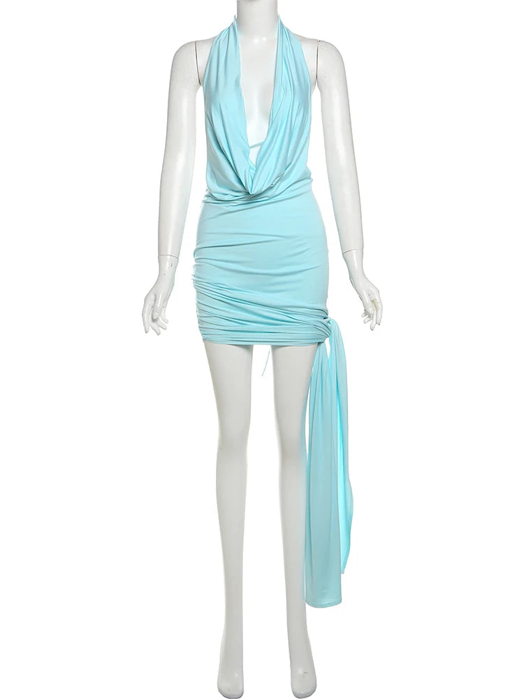 Cutenew Tassel Tied Women Mini Dress Summer Concise Halter Swinging Low Neck Backless Sheath Vestidos Mujer Pleated Chic Frock