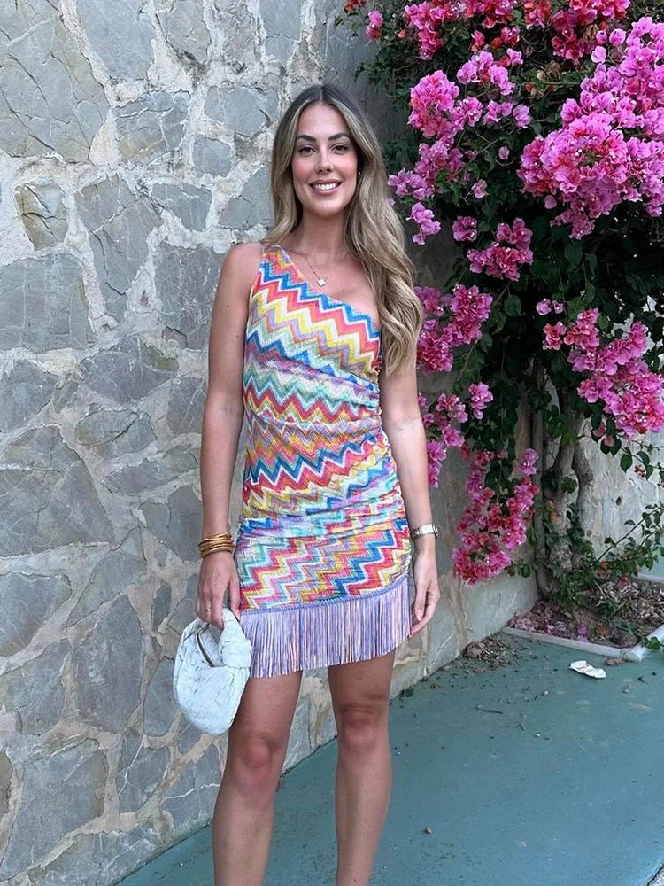 Women's Printed Striped Fringe Halter Dress Asymmetrical Collar Slim Colorful Short Mini Dresses Colorful Beach Vacation Dress