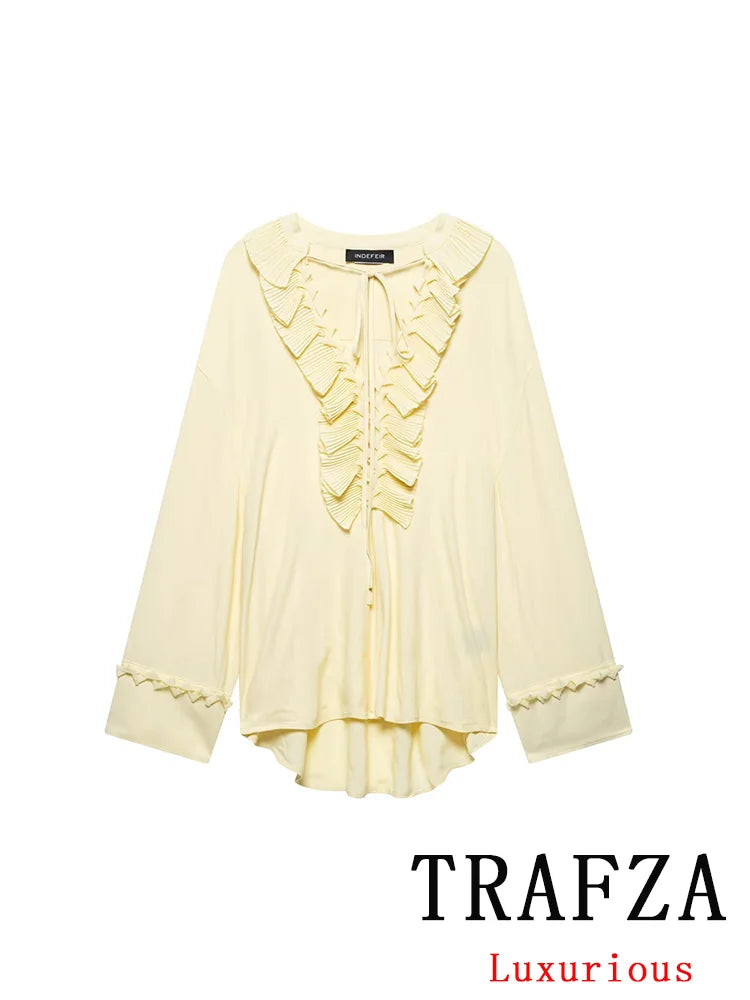 TRAFZA Vintage Chic Yellow Tie Up Women Blouse V-Neck Ruffles Long Sleeve Lace-up Bow Shirts Fashion 2025 Spring Summer Blouses
