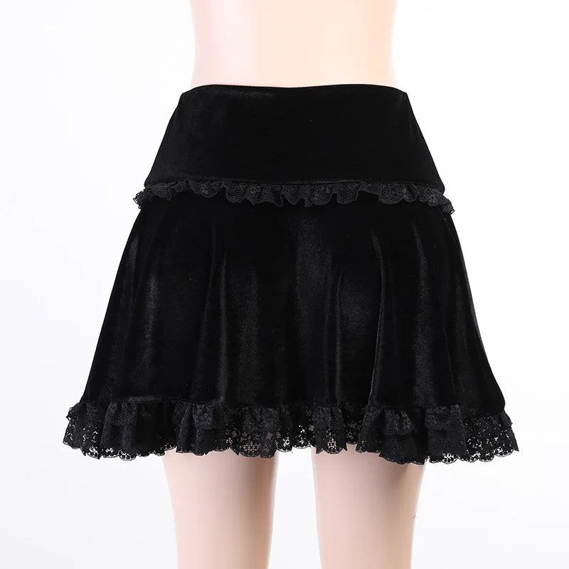 Goth Dark Mall Gothic Aesthetic Velvet Pleated Mini Skirts Women Vintage Harajuku Emo Alt Clothes High Waist Lace Ruffles Skirt