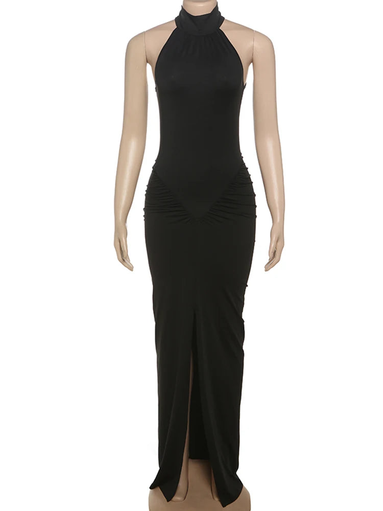 Weird Puss Peach Buttocks Dress Women Halter Pleated Solid Slim Slit Sexy Elegant Sleeveless Midnight Clubwear Party Vestidos