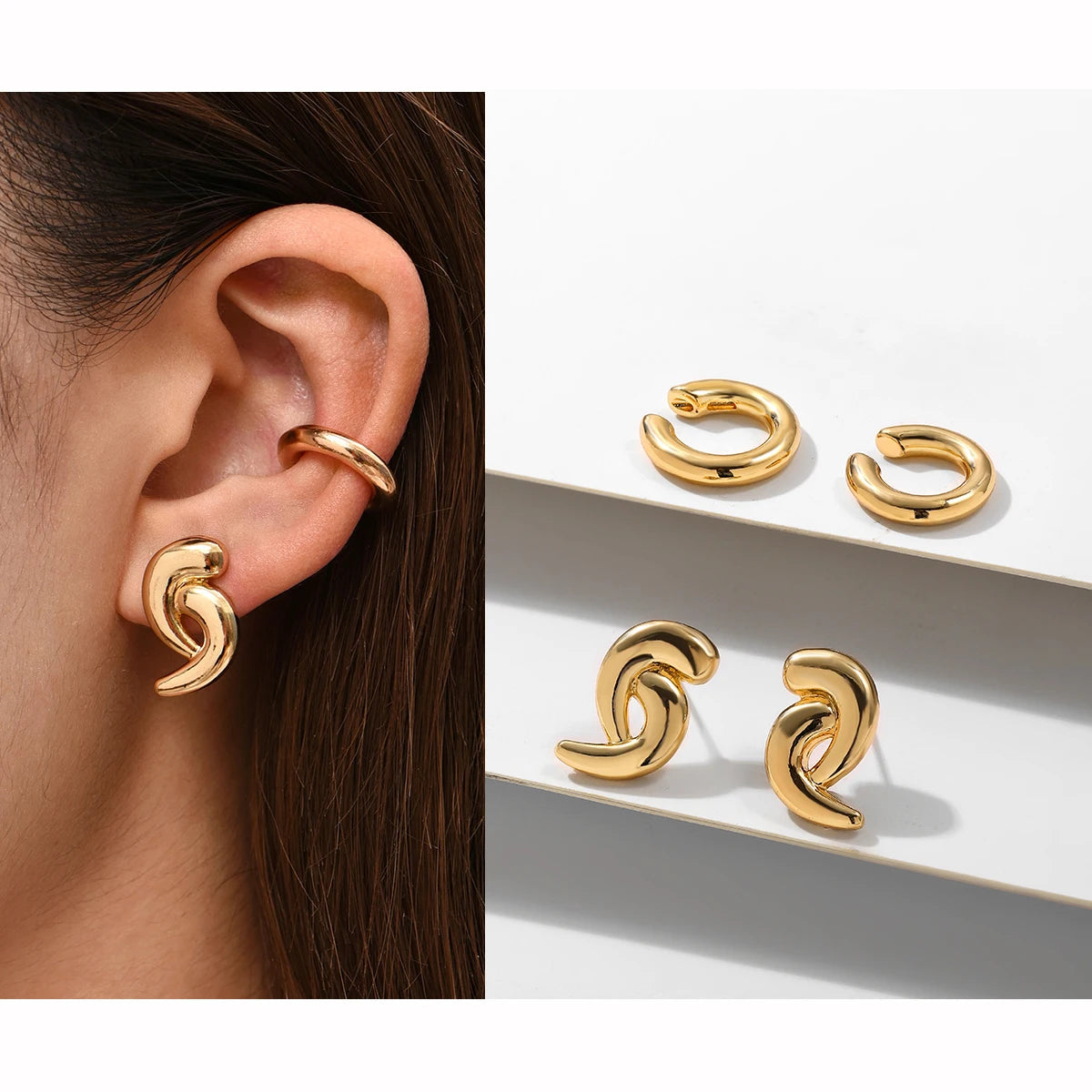 Punk Rock Helix Fake Cartilage Ear Cuff with Long Chain Circle Hoop Earrings Set for Women Tiny Piercing Huggie Earring Jewelry