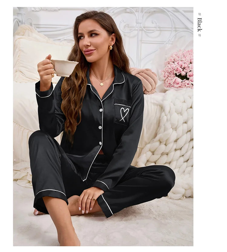Women's Home Clothes Satin Pajama Autumn Long Sleeve Pocket Heart-shaped Embroidery Tops & Pants Pyjama Femme Loungewear Pj Set