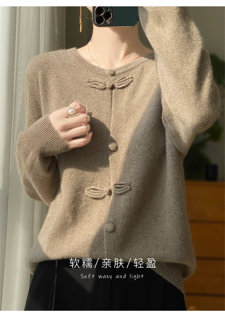 Women New Fashion Autumn Winter 100% Merino Wool Sweater O-neck Chinese Style Buckle Cardigan Soft Knitwear Female Clothing Tops