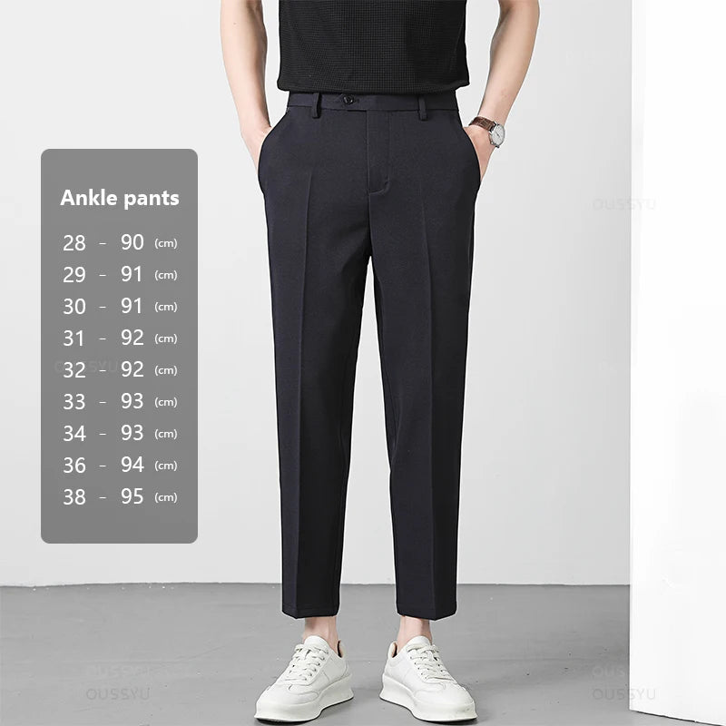 Spring Summer Suit Pants Men Business Smooth Slim Business Office Social Elastic Waist Ankle Length Formal Korean Trousers Male
