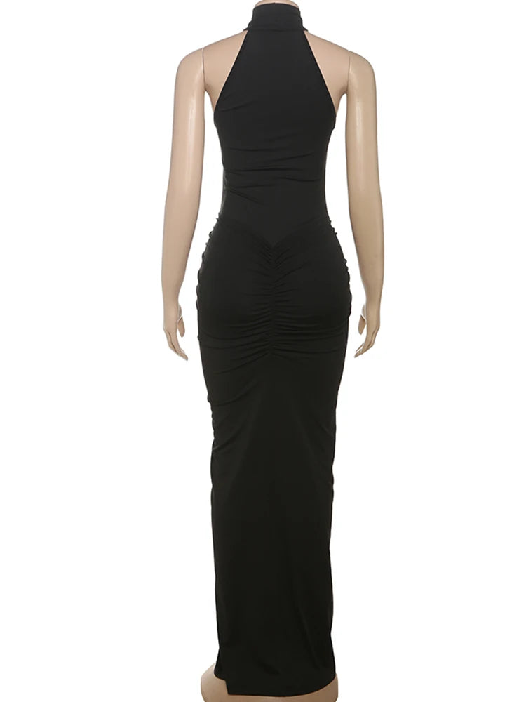 Weird Puss Peach Buttocks Dress Women Halter Pleated Solid Slim Slit Sexy Elegant Sleeveless Midnight Clubwear Party Vestidos