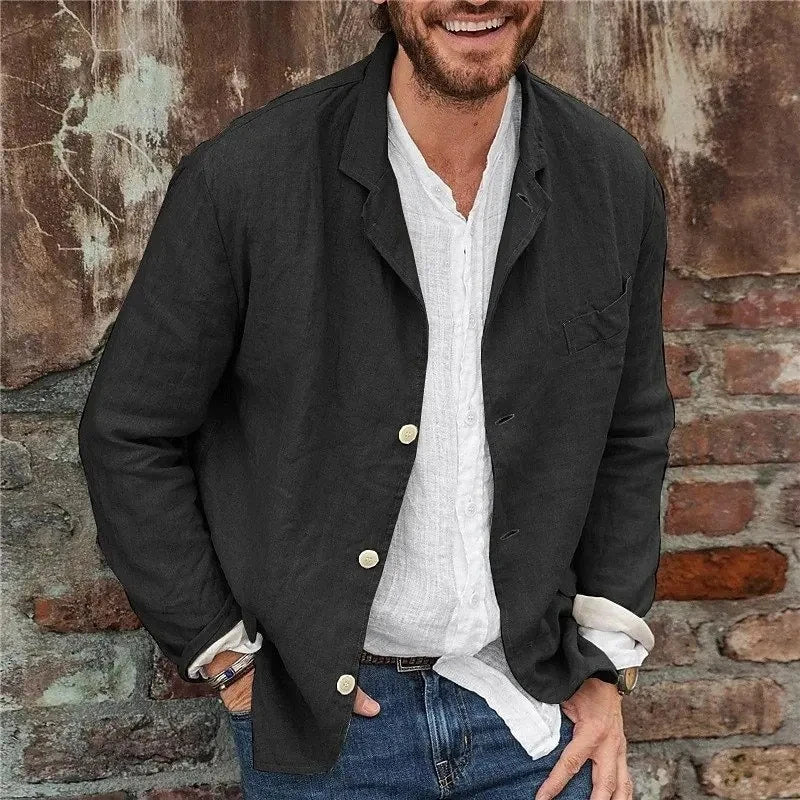 Men's Loose Simple Solid Color Small Suit Long-Sleeved Jacket Cotton and Linen Temperament Small Suit