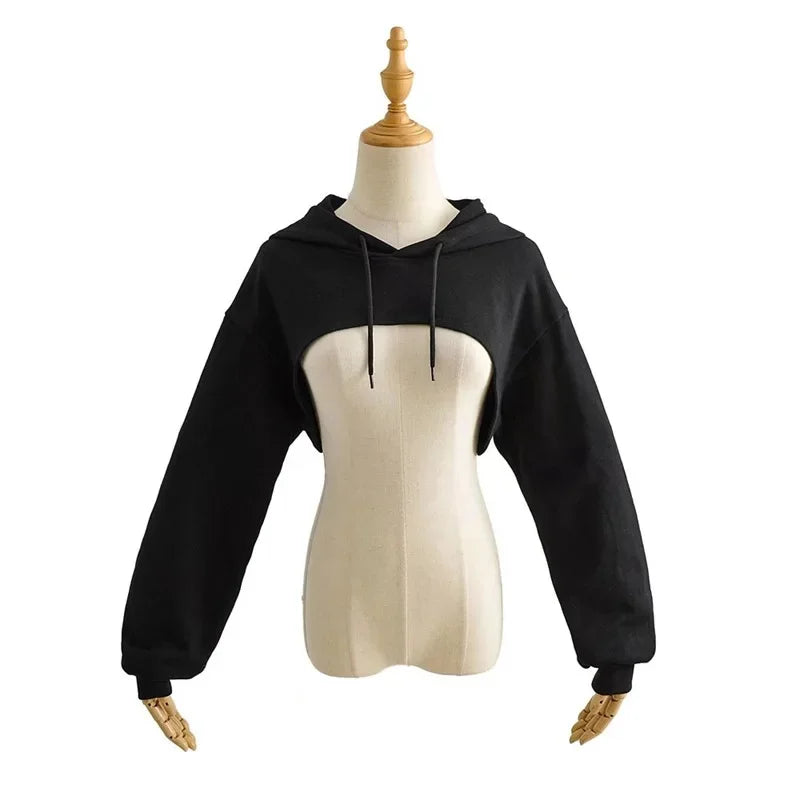 YPFF Spring New Style European Cropped Sports Drawstring Hooded Sweatshirt Women's Solid Color Versatile Long Sleeve Hooded Top