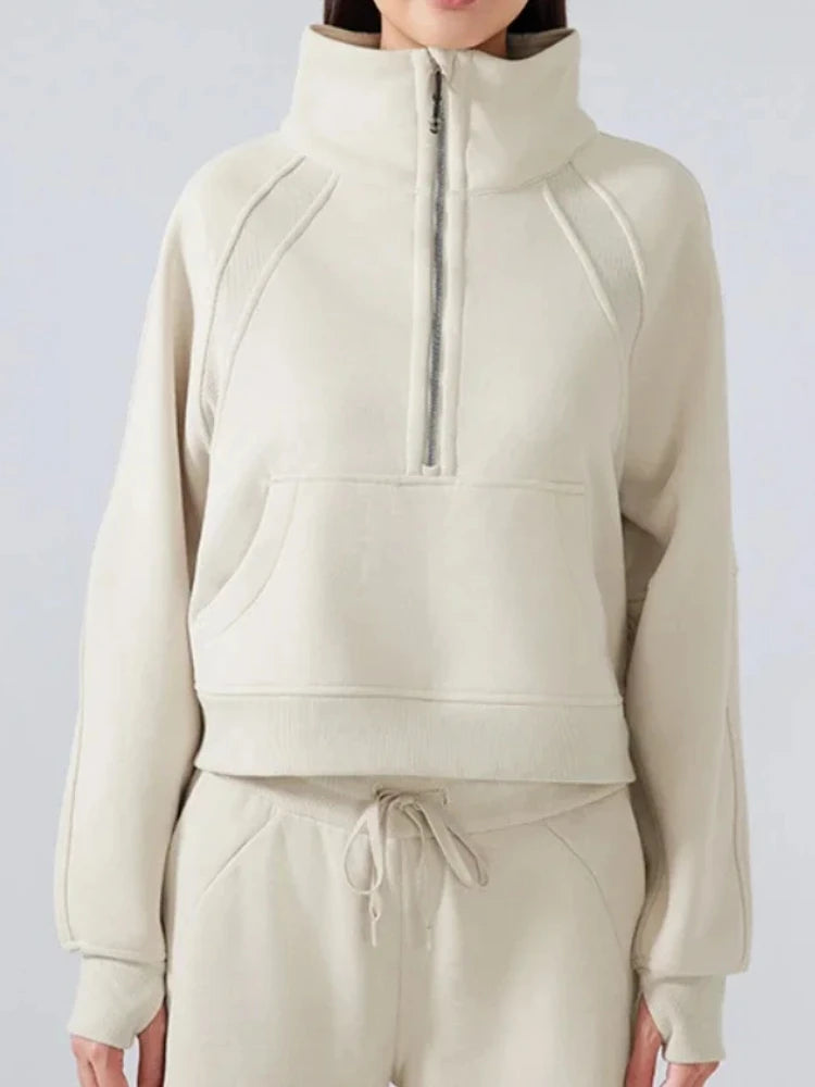Half Zipper High Stand-up Neck Pullover Top Women Clothing Autumn and Winter New Outer Wear Warm Fleece Thickened Sweatshirts