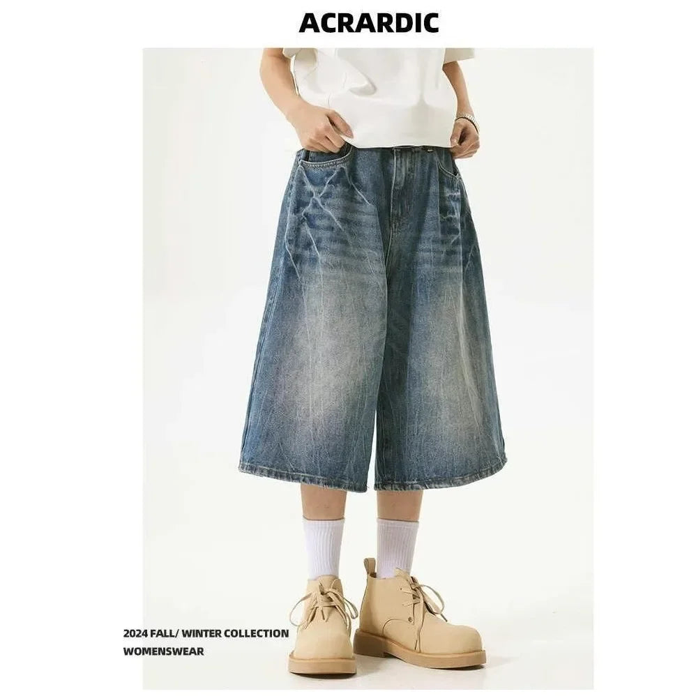 American High Street Lightning Jeans Men's Straight Leg Wide Leg Hip Hop Cool Retro American Seven-Foot Blue Shorts
