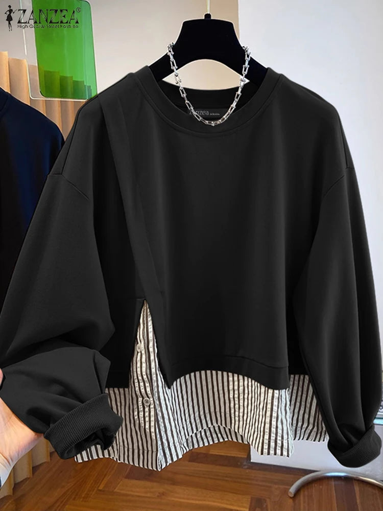 ZANZEA Women Long Sleeve Hoodies 2024 Autumn Fake Two Piece O-Neck Sweatshirt Fashion Loose Stripes Splicing Front Slit Pullover