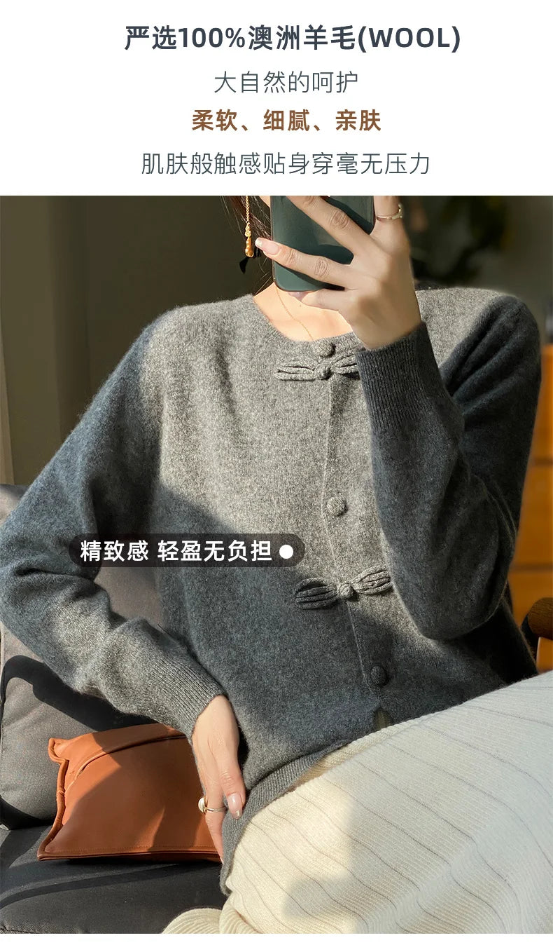 Women New Fashion Autumn Winter 100% Merino Wool Sweater O-neck Chinese Style Buckle Cardigan Soft Knitwear Female Clothing Tops