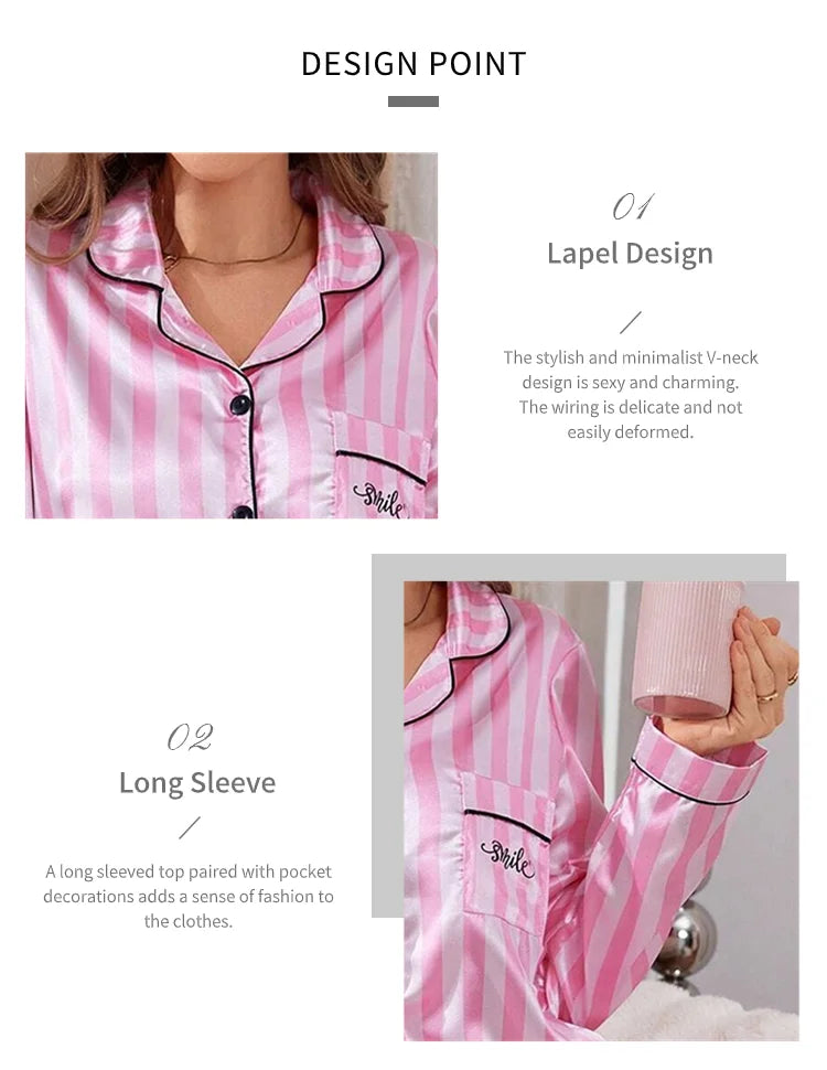 Women Stripe Print Satin Pajama Victoria Autumn Long Sleeve Buttons Lapel Tops & Pants Sleepwear Comfort Relaxed Fit Nightwear