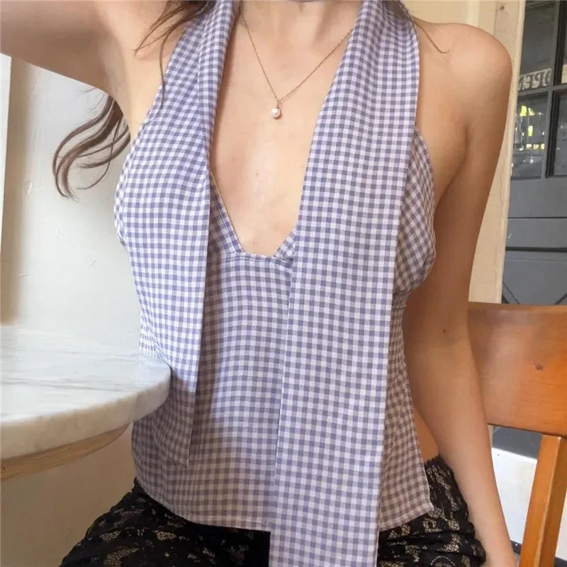 Gaono Women Sexy Camisole Top Sleeveless Backless V-Neck Polka Dot Print Tank Top Y2k Coquette Halter Neck Cami Crop Top