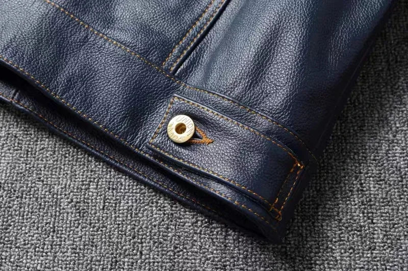 New Navy Blue Top Layer Cowhide Genuine Leather Jacket Men's Short Slim Fit Retro Motorcycle Lapel Casual Jacket Trendy