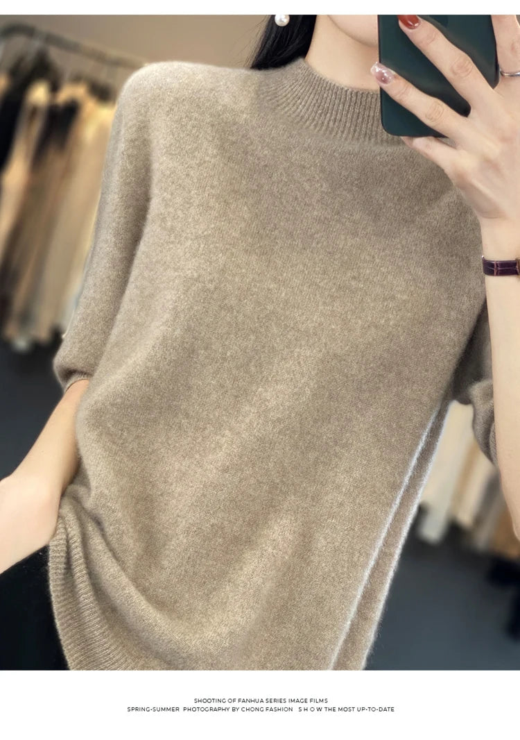 100% pure wool short sleeve summer new women's semi-high neck pullover blouse loose knit vest fashion T-shirt