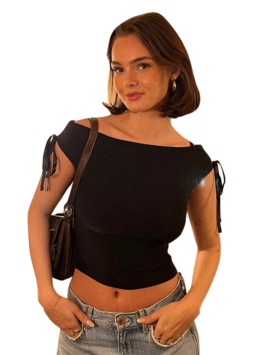 CUTENOVA 2024 Summer Solid Color Sexy Off Shoulder Tops Lace Up Sleeveless T-Shirt Casual Slim Crop Top Black Short Sleeve Wome