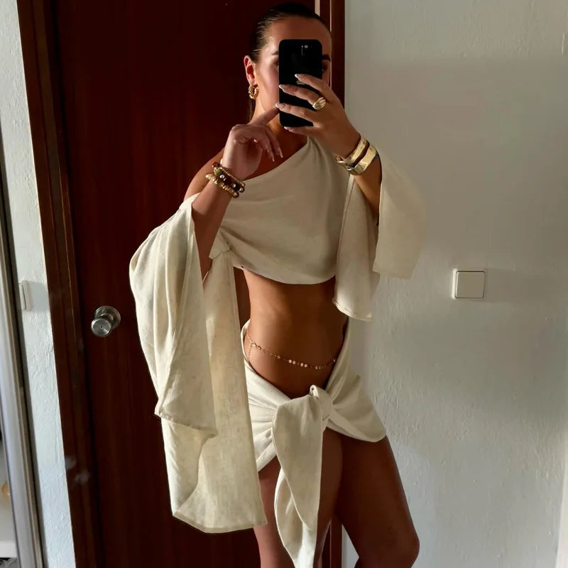 Sexy Solid Pleated Knot Mini Skirts Sets For Women Chic One Shoulder Flared Sleeve Loose Cape Tops Suits 2025 Lady Party Outfits