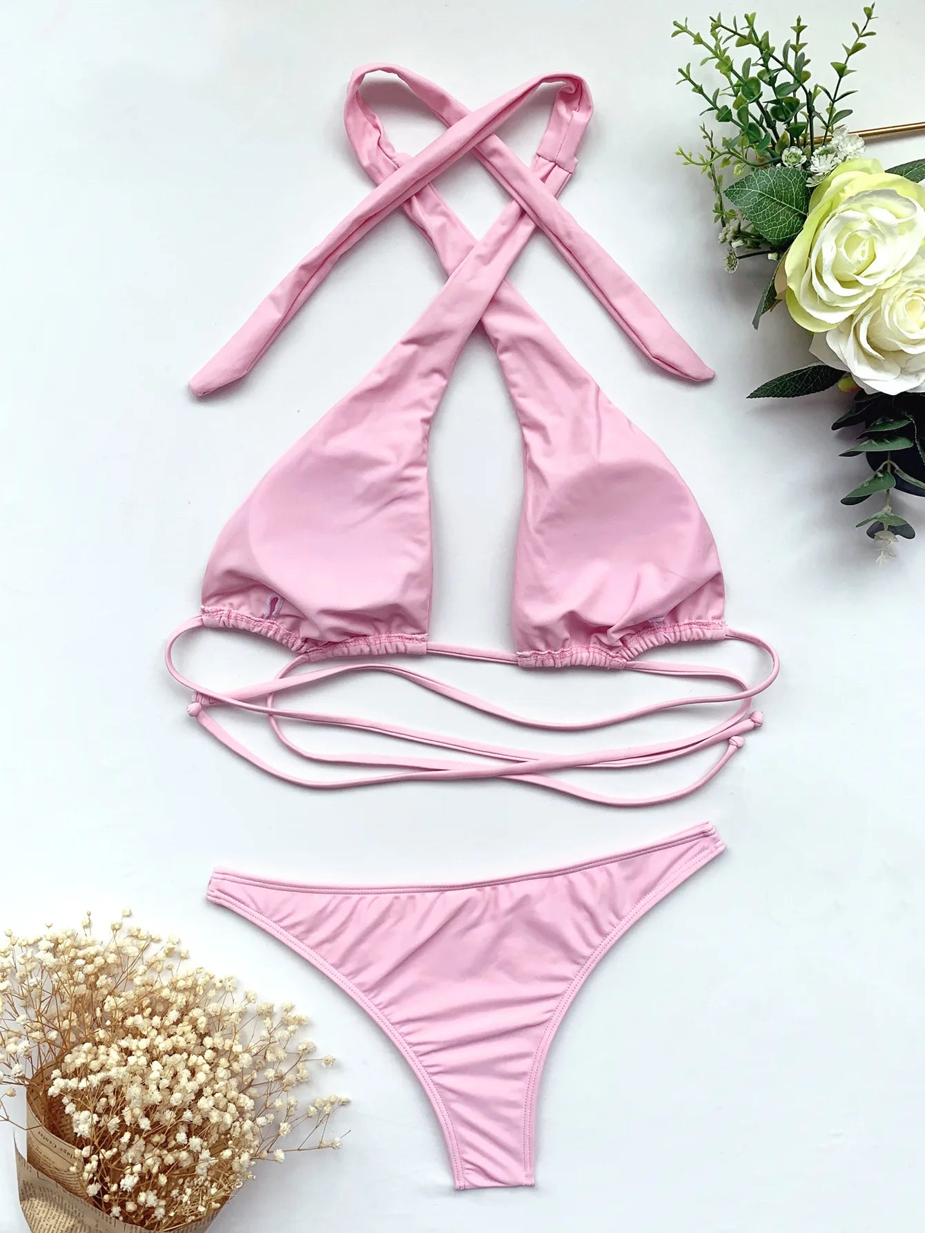 2025 Summer Women's Halter Lace-Up Swimsuit Backless Bikini Set Sexy Hollow Out Swimwear High Waist Monokini Beach Bathing Suits