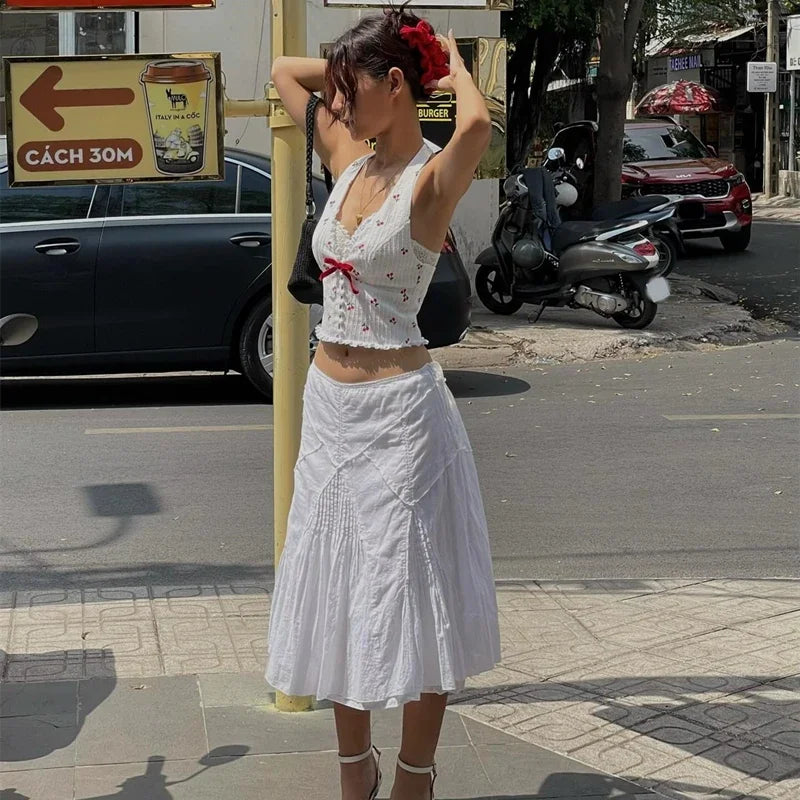 WhereMery Korean Fashion Print Halter Camis Tank Tops Summer Knitted Slim Fit Tank Top High Street Commuter Casual Women's Wear