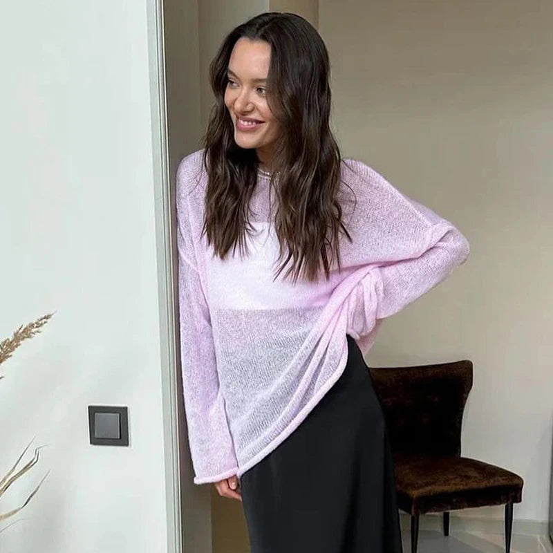 MSCSZ Red Long Sleeve Oversized Sweater Women Transparent Knitted Sweater 2025 Spring Autumn Cozy Sweaters Pullover Tops