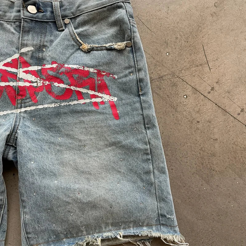 American Fashion Trend Letter Printing Splicing Patches Denim Shorts Y2K Gothic Hip Hop Men Women Punk Vintage Wide Leg Pants